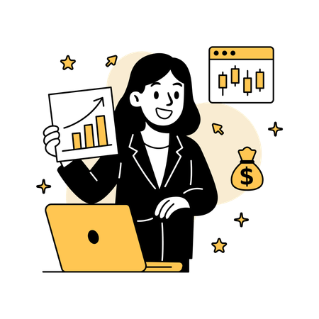Frau hinter Laptop mit steigenden Charts  Illustration
