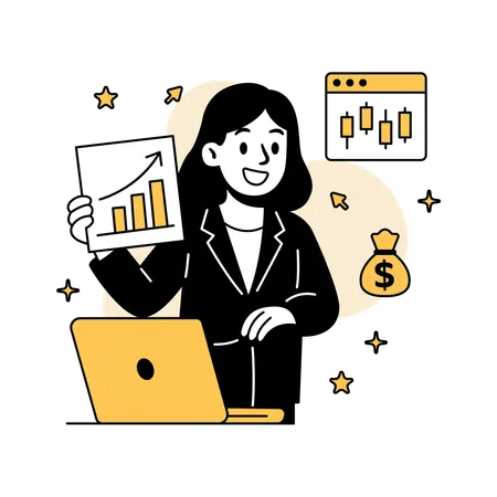 Frau hinter Laptop mit steigenden Charts  Illustration