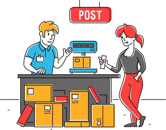 Frau holt Post vom Postamt ab  Illustration