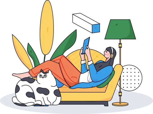 Frau hört Musik und hat Spaß mit ihrer Hauskatze  Illustration