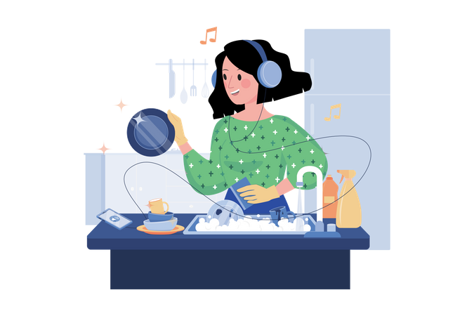 Frau hört Podcast beim Geschirrspülen  Illustration