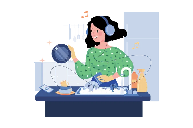 Frau hört Podcast beim Geschirrspülen  Illustration