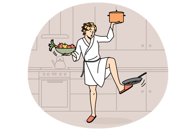 Frau im Bademantel erledigt Multitasking im Haushalt  Illustration