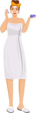 Frau im Bademantel trägt Gesichtsbalsam auf  Illustration