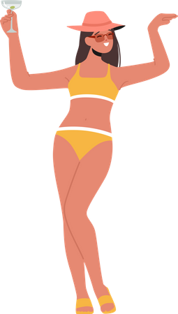Frau im Bikini hält Glas mit Cocktail  Illustration
