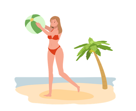 Frau im Bikini mit Strandball am Strand  Illustration