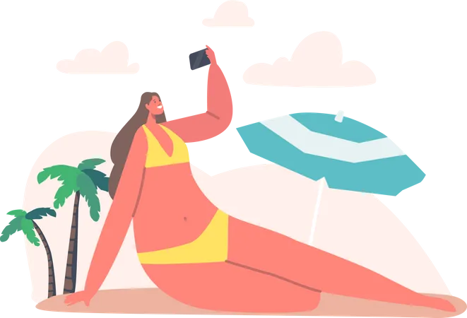 Frau im Bikini macht Selfie am Strand  Illustration