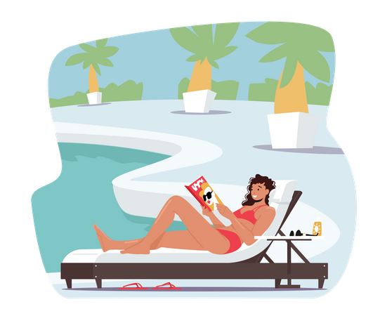 Frau im Bikini sitzt auf Liegestuhl am Pool oder Strand und liest interessantes Buch  Illustration