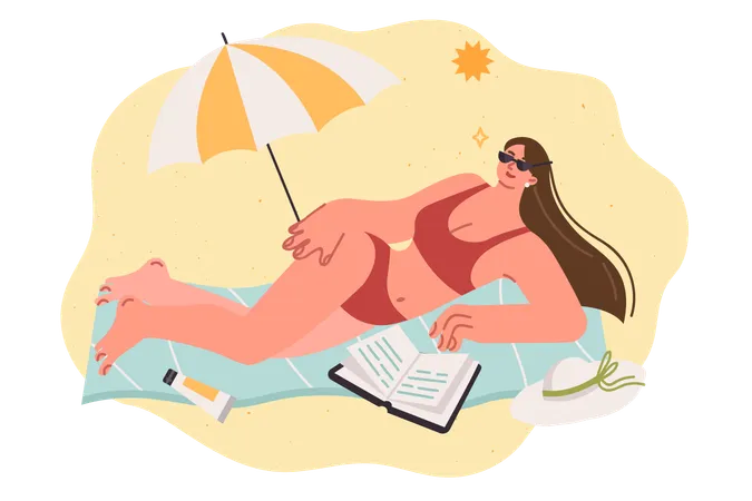 Frau im Bikini sonnt sich am Strand und liest ein Buch, während sie im sonnigen Resort liegt  Illustration