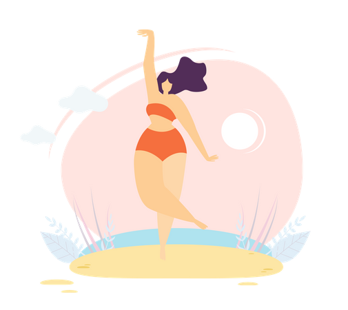 Frau im Bikini steht am Strand  Illustration