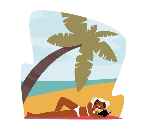 Frau im Bikini und tropischen Hut liegen am Sandstrand und lesen Buch  Illustration