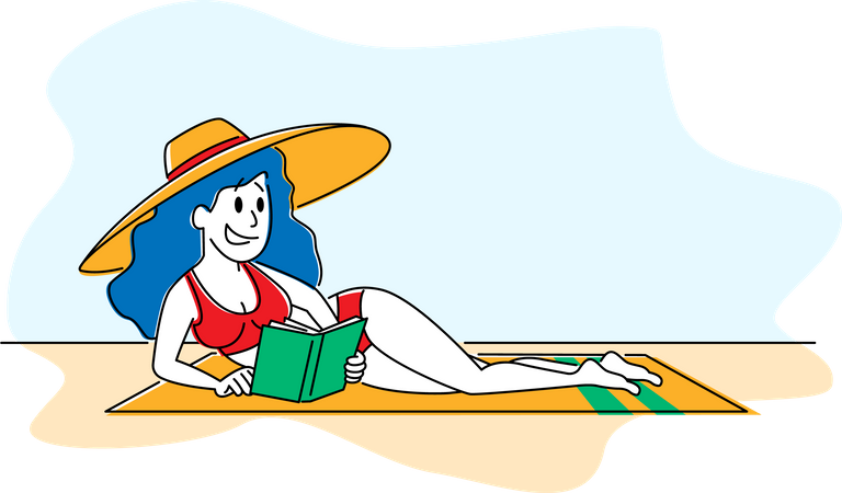 Frau im Bikini und Tropenhut liegt am Sandstrand und liest ein interessantes Buch  Illustration