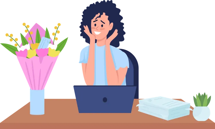 Frau im Büro von Blumen überrascht  Illustration