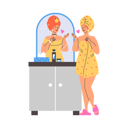 Frau im Handtuch wirft dem Spiegelbild einen Kuss zu  Illustration