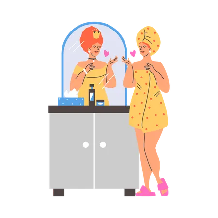 Frau im Handtuch wirft dem Spiegelbild einen Kuss zu  Illustration