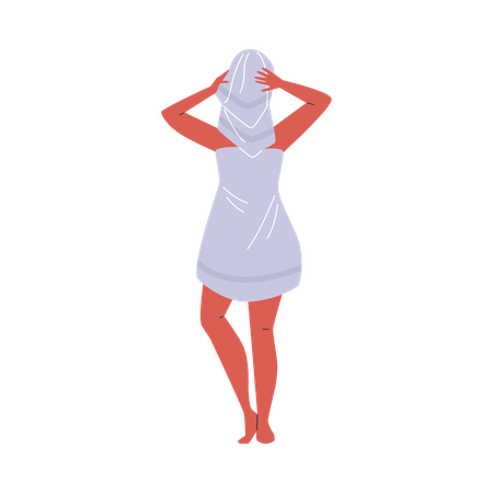 Frau im Handtuch wischt sich nach einem erfrischenden Bad den Kopf mit einem Handtuch ab  Illustration