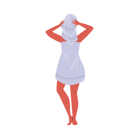 Frau im Handtuch wischt sich nach einem erfrischenden Bad den Kopf mit einem Handtuch ab  Illustration