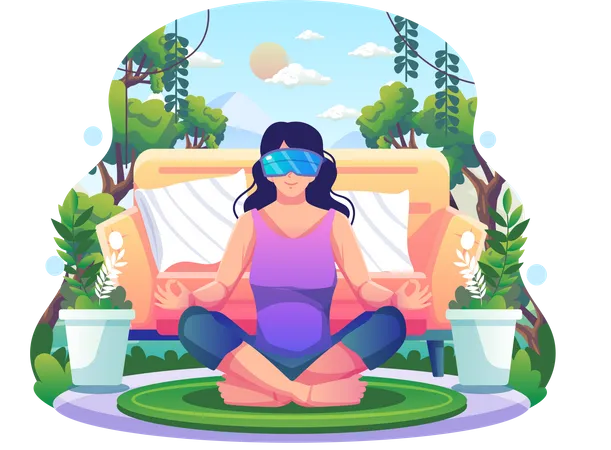 Frau im Lotussitz mit VR-Brille praktiziert Yoga und Meditation  Illustration