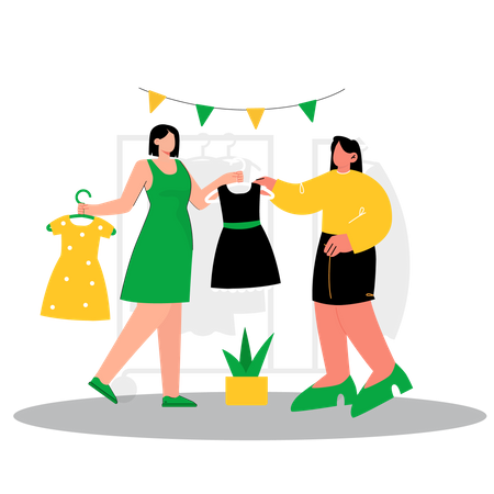 Frau im modischen Kleid beim Einkaufen  Illustration