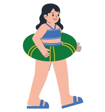 Eine Gruppe Junger Frauen Reist Am Sommerstrand Tragt Einen Badeanzug Mit Ball Rettungsringen Und Surfbrett In Cartoon Figur Vektorillustration Illustration