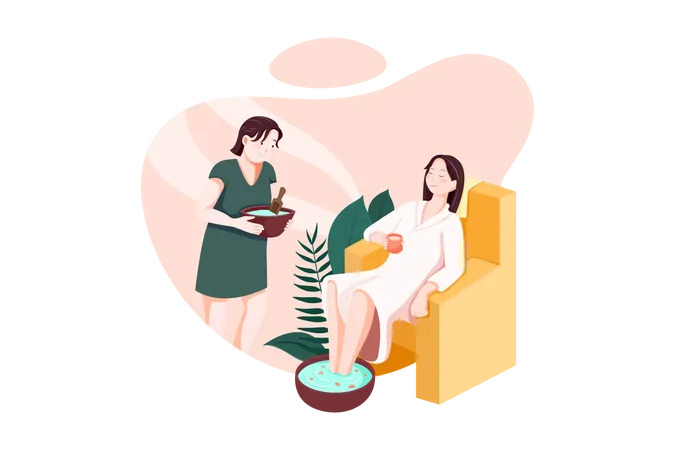 Frau im Wellness-Salon, Mädchen liegt auf der Couch, Masseur bereitet Massage für Klientin im gemütlichen Zimmer vor  Illustration