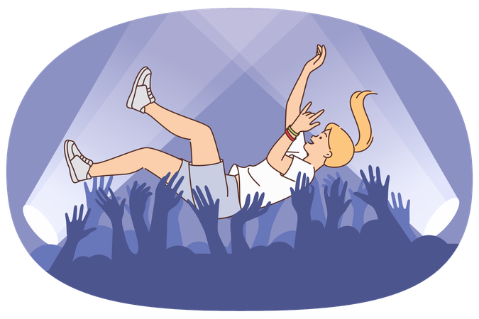 Frau in den Armen von Musikfestival-Zuschauern, die an Rock-Rave teilnehmen und die Veranstaltung genießen  Illustration