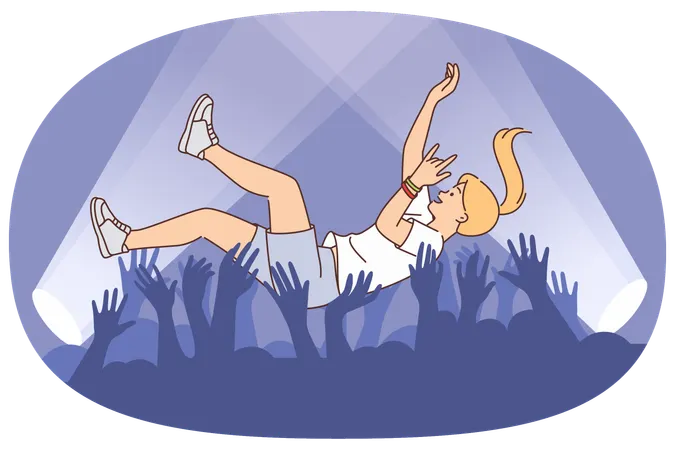 Frau in den Armen von Musikfestival-Zuschauern, die an Rock-Rave teilnehmen und die Veranstaltung genießen  Illustration