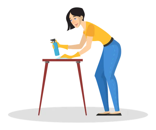 Frau in Uniform putzt Tisch mit Reinigungsspray  Illustration