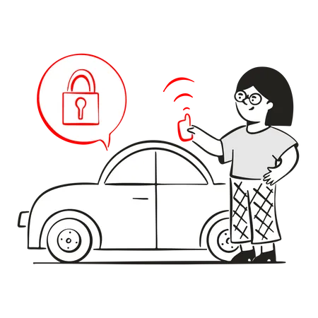 Frau installierte Sicherheitsalarmanlage im Auto  Illustration