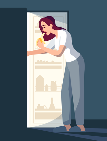 Frau isst aus dem Kühlschrank  Illustration