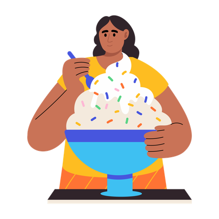 Frau isst Eis als Nachtisch  Illustration