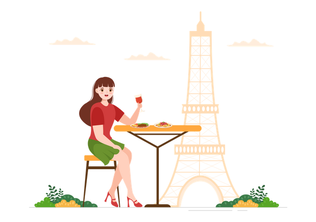 Frau isst französisches Essen  Illustration