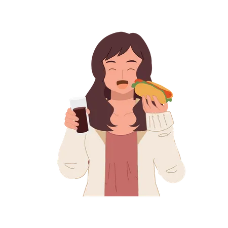 Frau isst Hotdog  Illustration