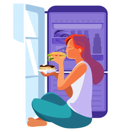 Frau isst nachts Burger aus dem Kühlschrank  Illustration