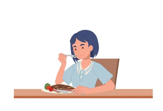 Frau isst Rindersteak  Illustration