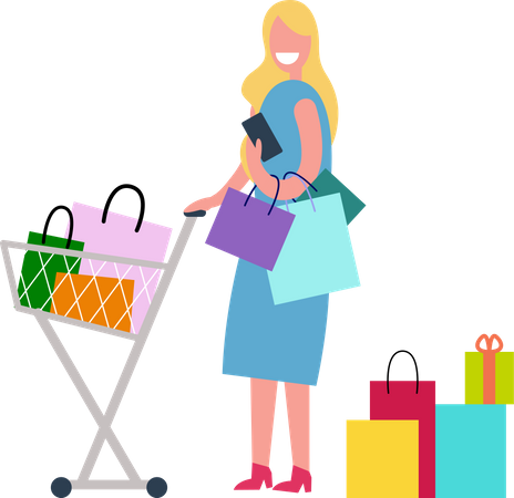 Frau beim Einkaufen und Zeitvertreib  Illustration