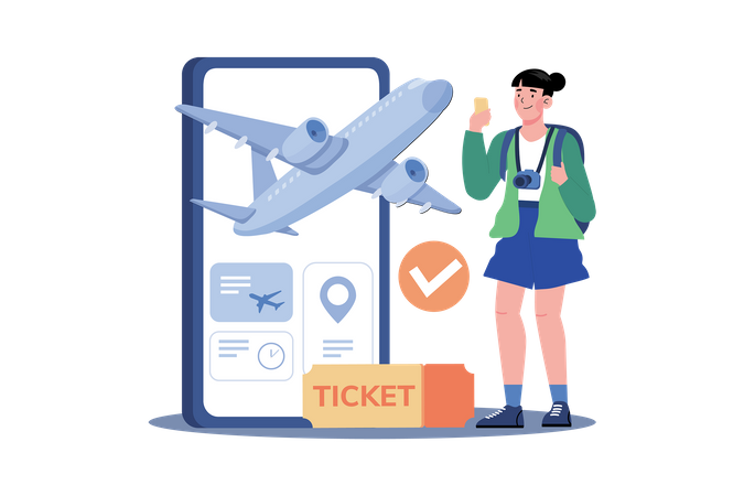 Frau kauft Flugtickets online, um Geld zu sparen  Illustration