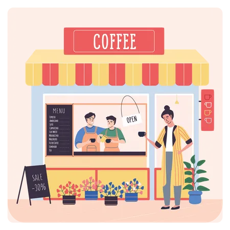 Frau kauft Kaffee im Laden  Illustration