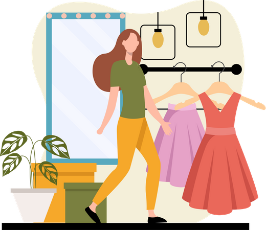 Frau kauft Kleid im Geschäft  Illustration