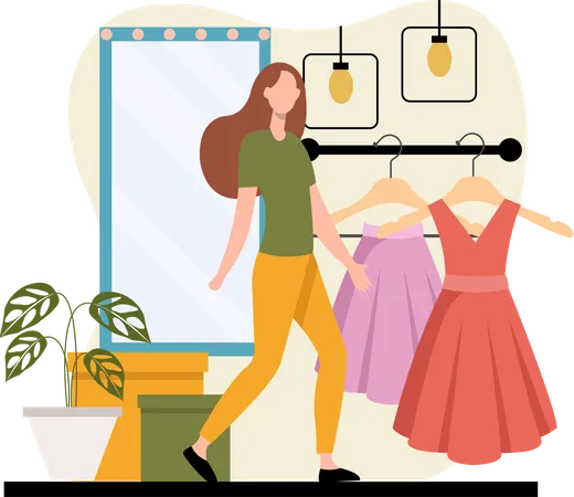 Frau kauft Kleid im Geschäft  Illustration