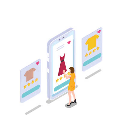 Frau kauft Kleid über Online-Shopping-App  Illustration