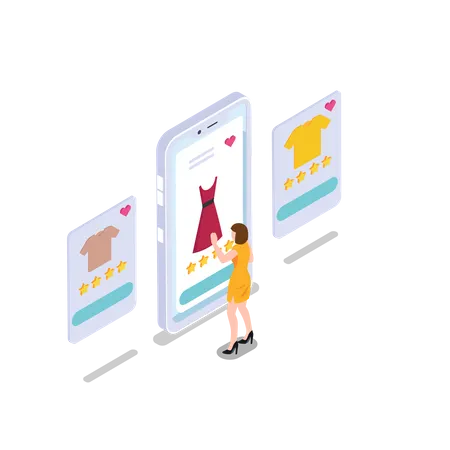 Frau kauft Kleid über Online-Shopping-App  Illustration