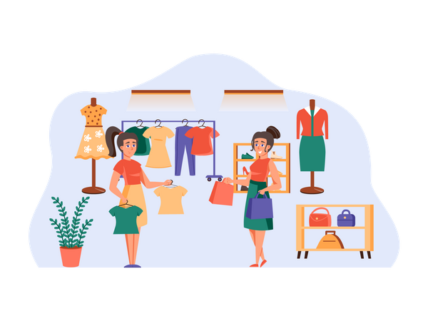 Frau beim Kleiderkauf im Geschäft  Illustration