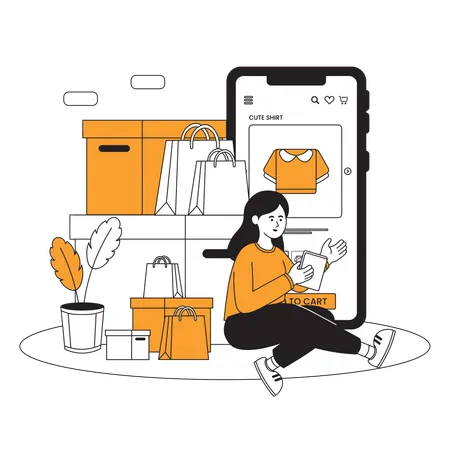 Frau kauft Kleidung über E-Commerce-App  Illustration