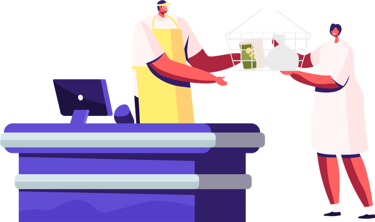 Frau kauft Lebensmittel im Lebensmittelgeschäft  Illustration