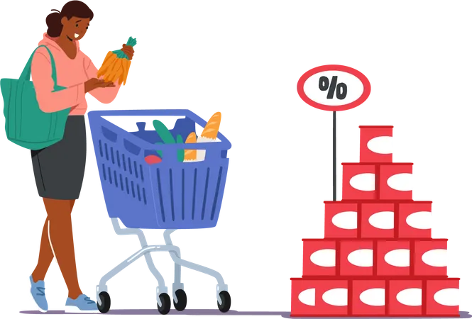Frau kauft Lebensmittel im Supermarkt ein  Illustration