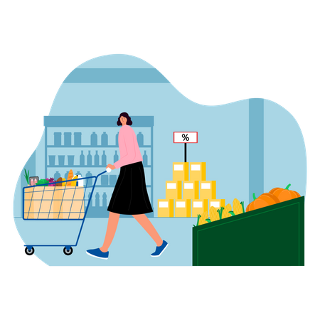 Frau kauft Lebensmittel im Supermarkt  Illustration