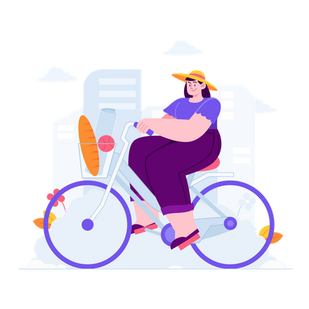 Frau kauft Lebensmittel mit dem Fahrrad ein  Illustration