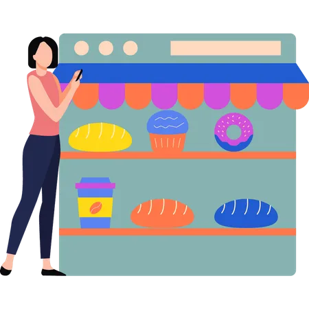 Frau kauft Lebensmittel online  Illustration