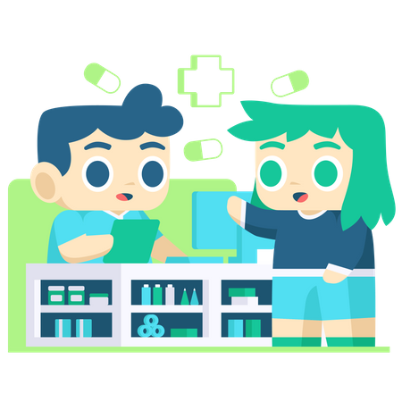 Frau kauft Medikamente in der Apotheke  Illustration